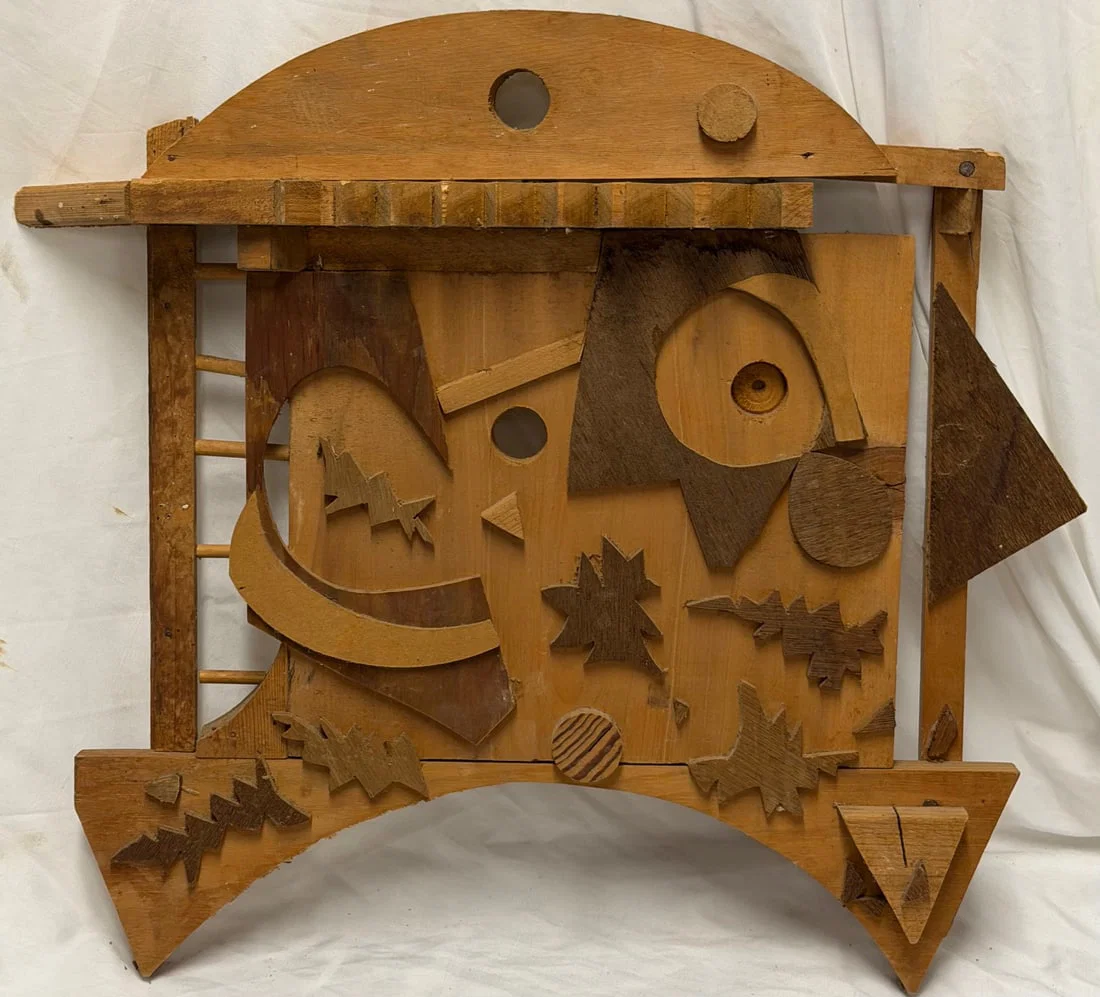 Signed "James Montague" Wood Construction Abstract Wall Sculpture, Brutalist, MCM, Folk Art