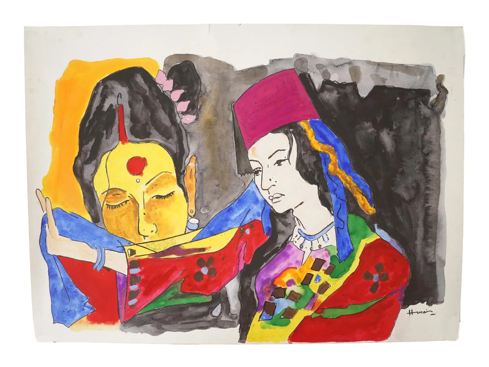 SIGNED M F HUSAIN INDIAN WATERCOLOR PAINTING