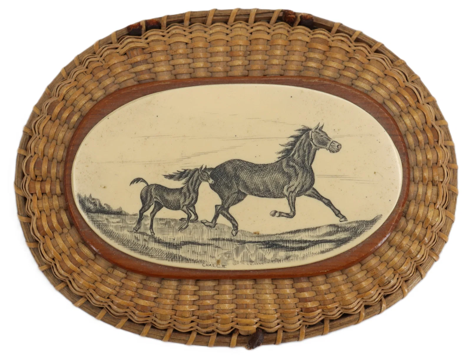 Signed Nantucket Basket Purse Top with Scrimshaw Decoration of Horses Running, "Friendship"