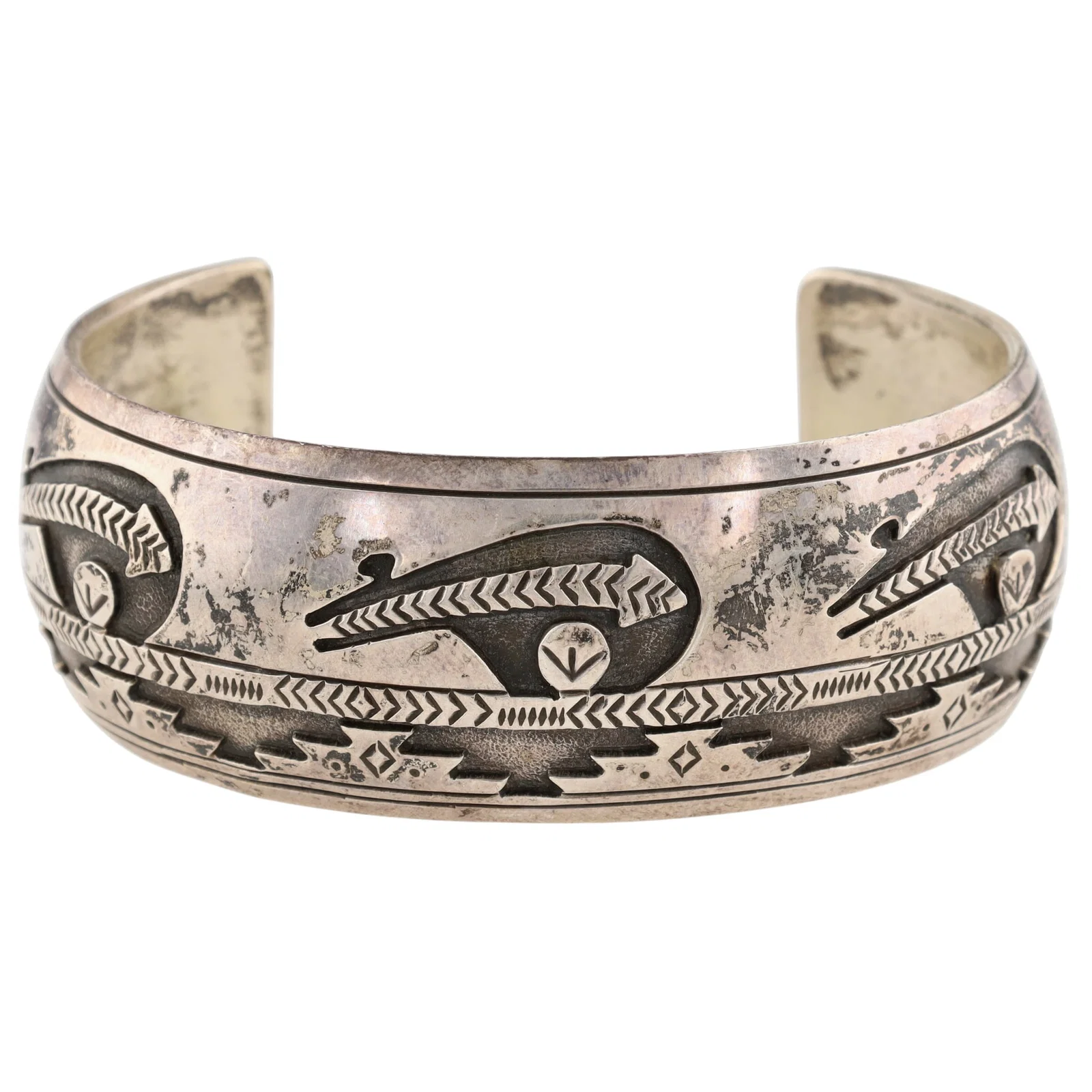 Signed Navajo Stamped Overlay Spirit Bear Cuff Bracelet