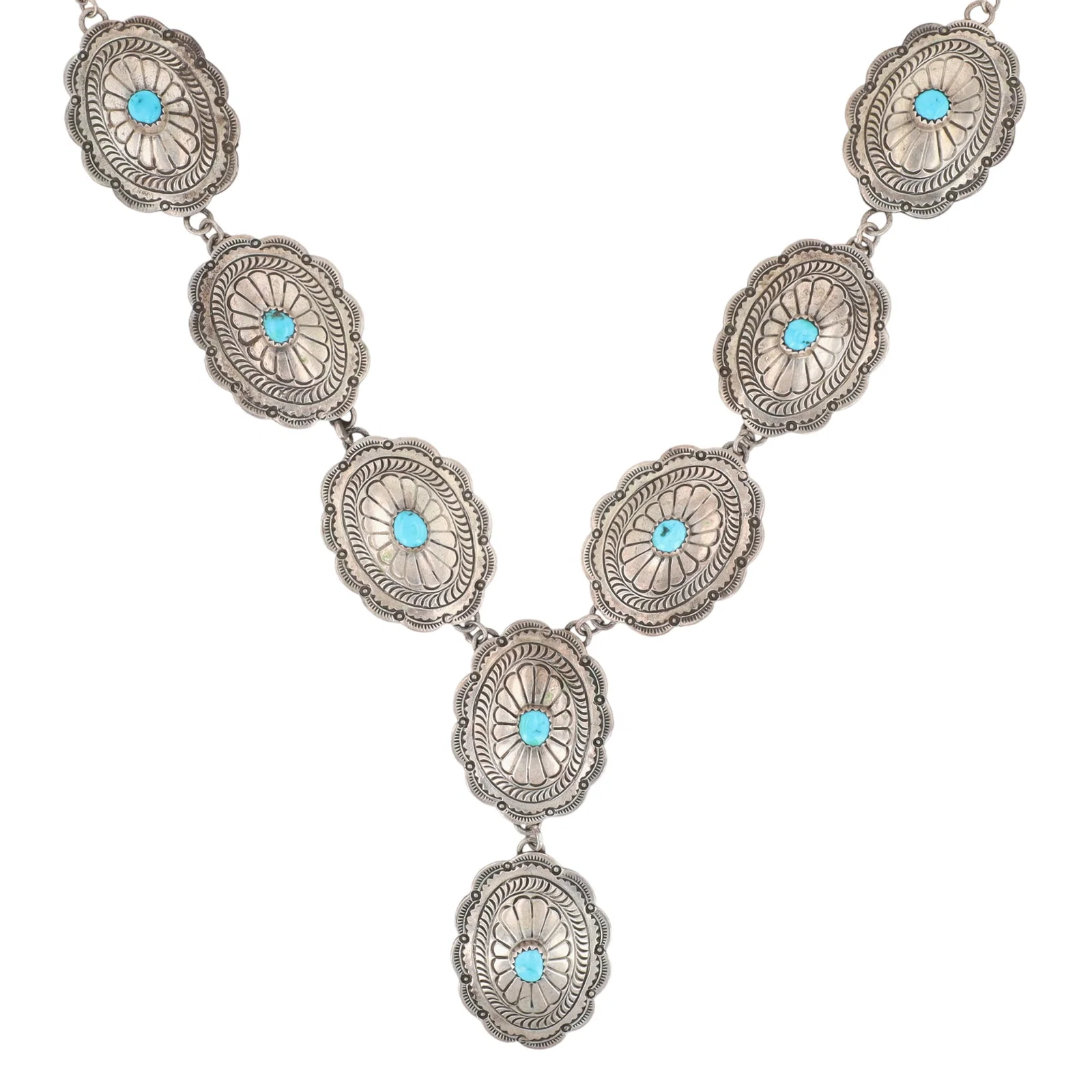 Signed Navajo Turquoise Stamped Concho Necklace