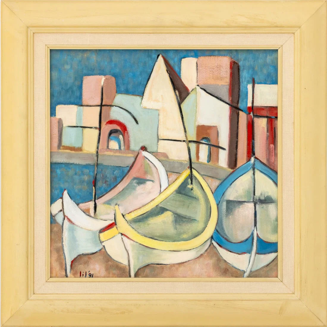 Signed Post-Cubist Harbor Scene Oil on Canvas