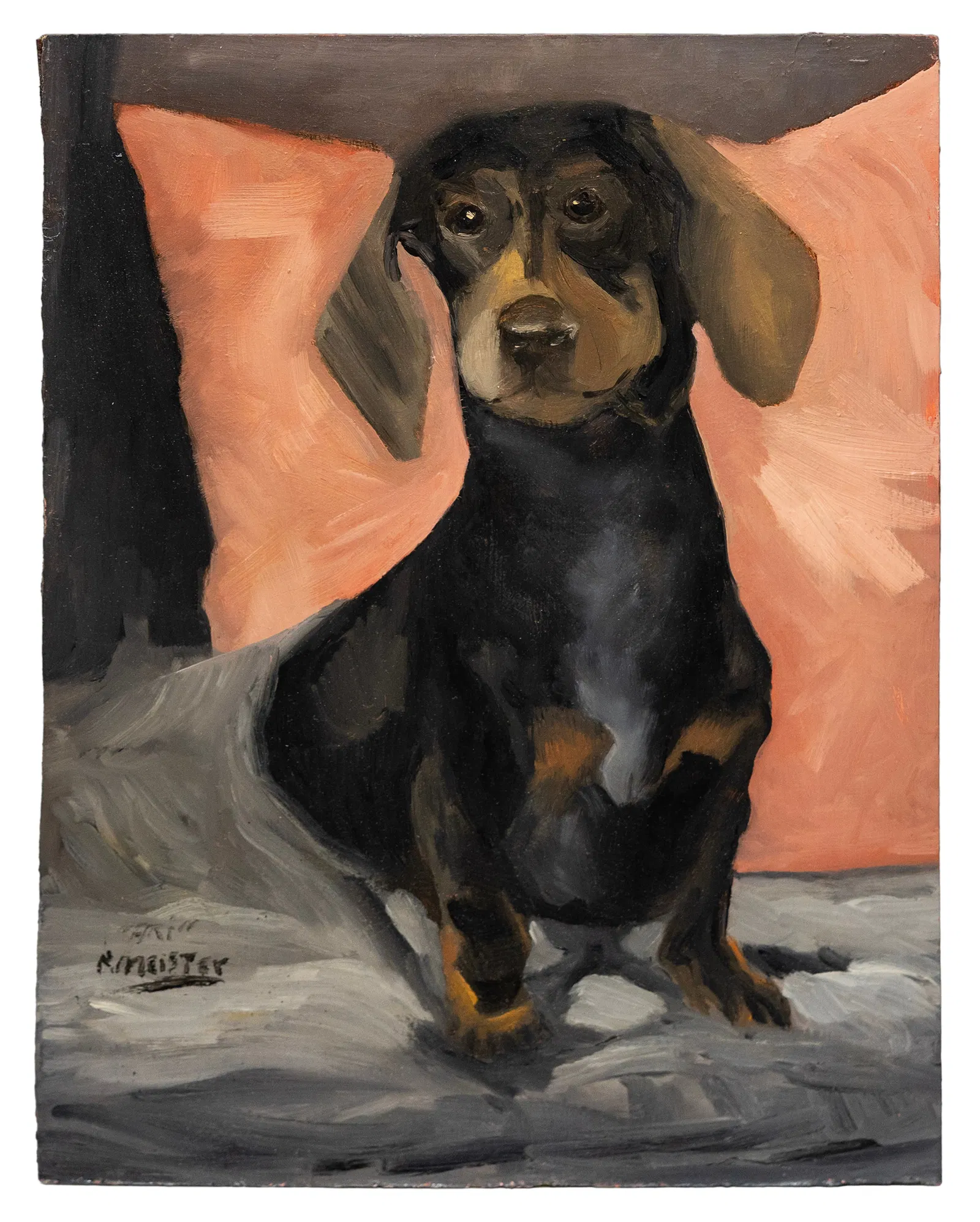 Signed R. Meister "Dackel Portrait 1939" (Daschhound Portrait) Oil on Wood