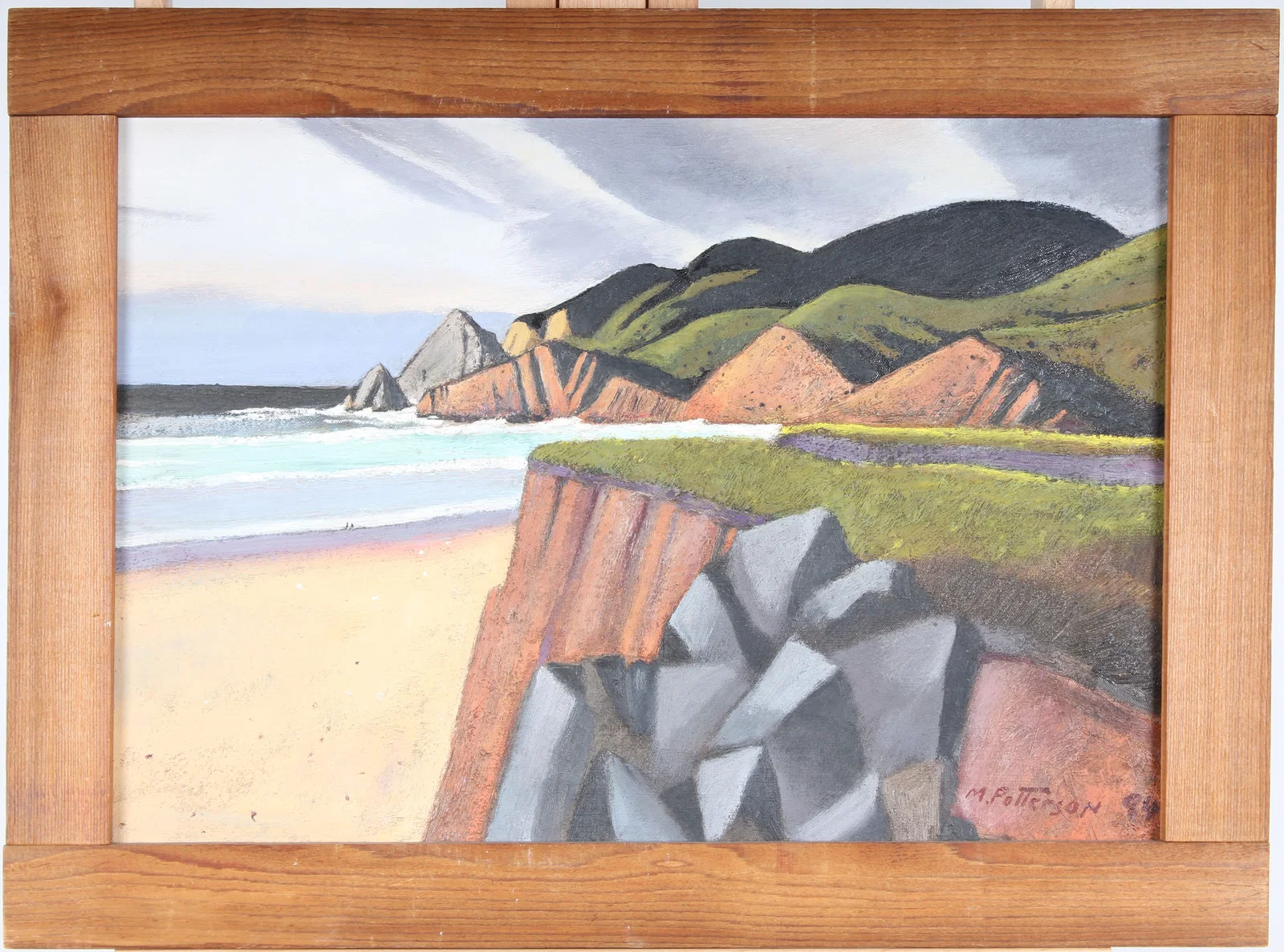 Signed Vintage American Coastal Framed Modernist Seascape Cubist Beach Scene Oil Painting