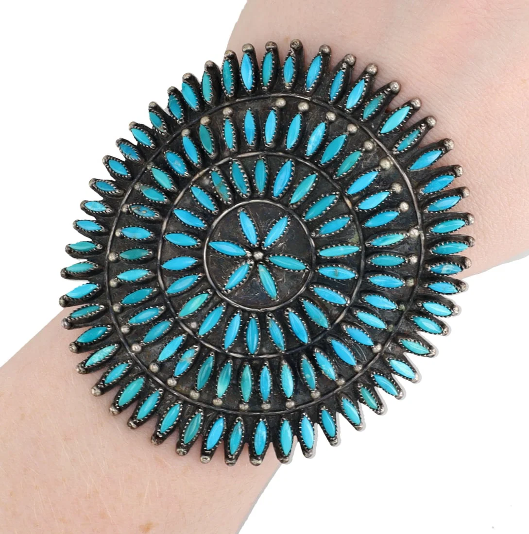 Signed Vintage Zuni Turquoise Needlepoint Cuff Bracelet