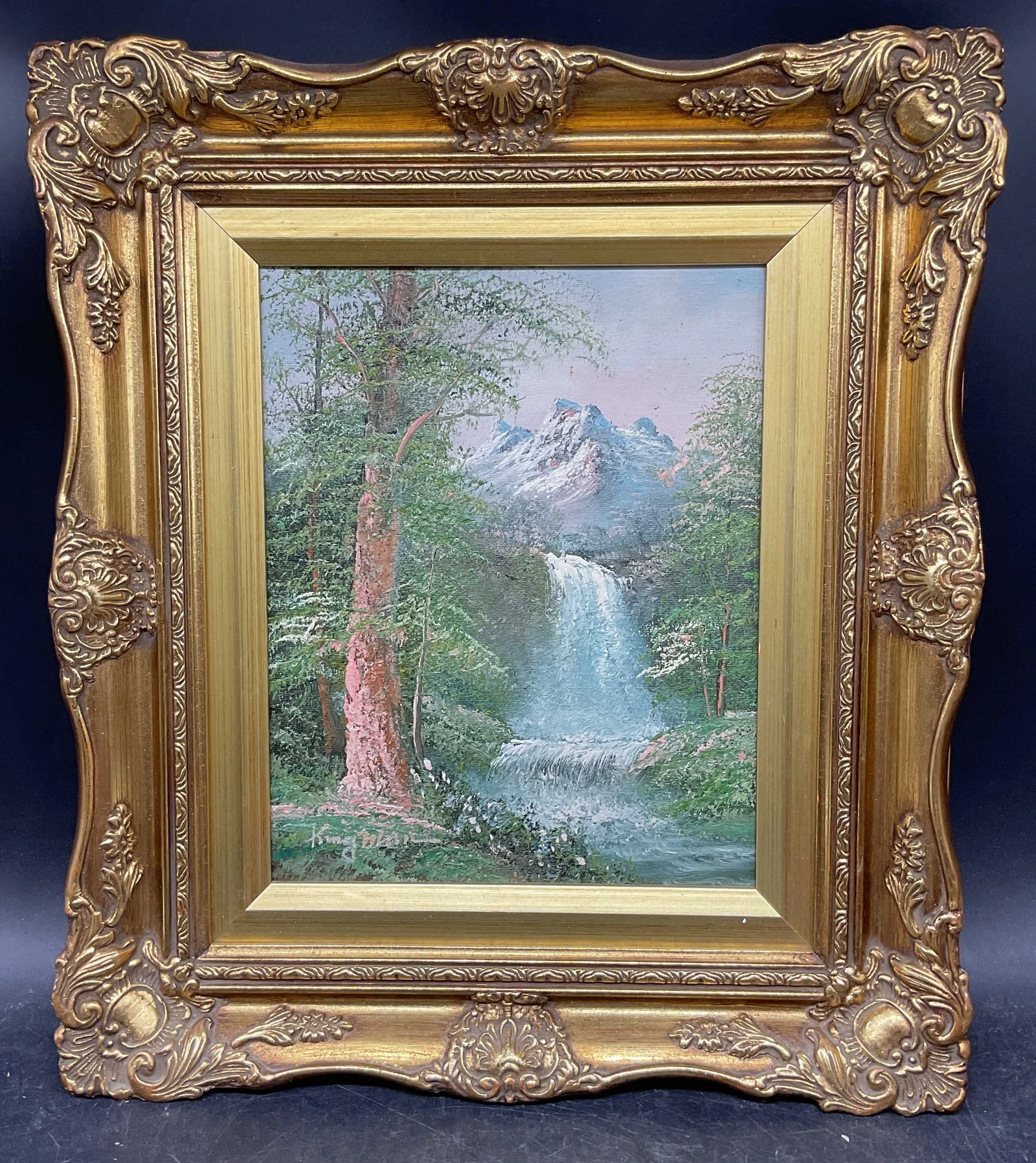 Signed Waterfall Landscape Oil Painting