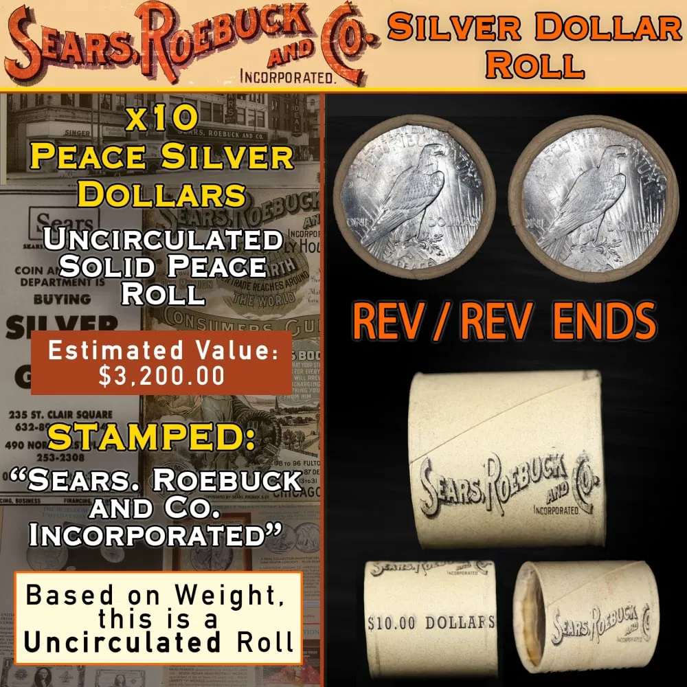 Silver Peace Dollar $1 Roll Rare By SEARS 10 Coin Mystery 'P' Rev/'P' Rev Ends