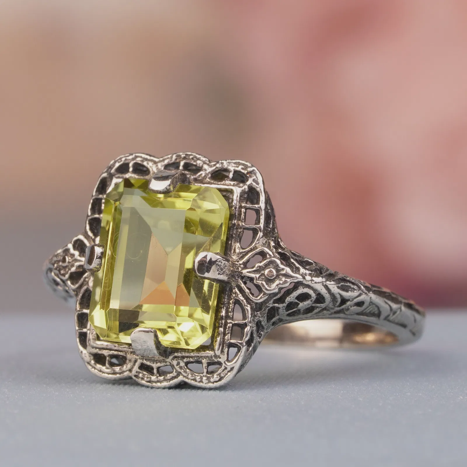 Silver925 Natural Lemon Quartz Vintage Filigree Ring