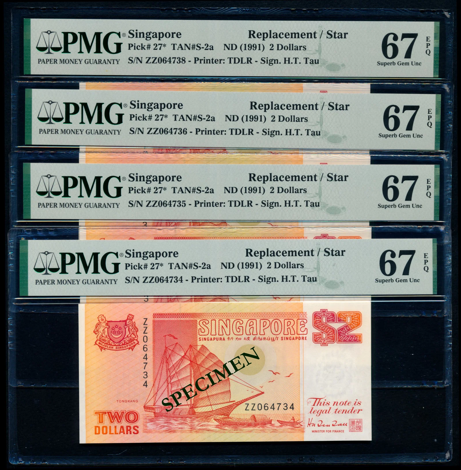 Singapore 4x$2 1990 ship orange replacement