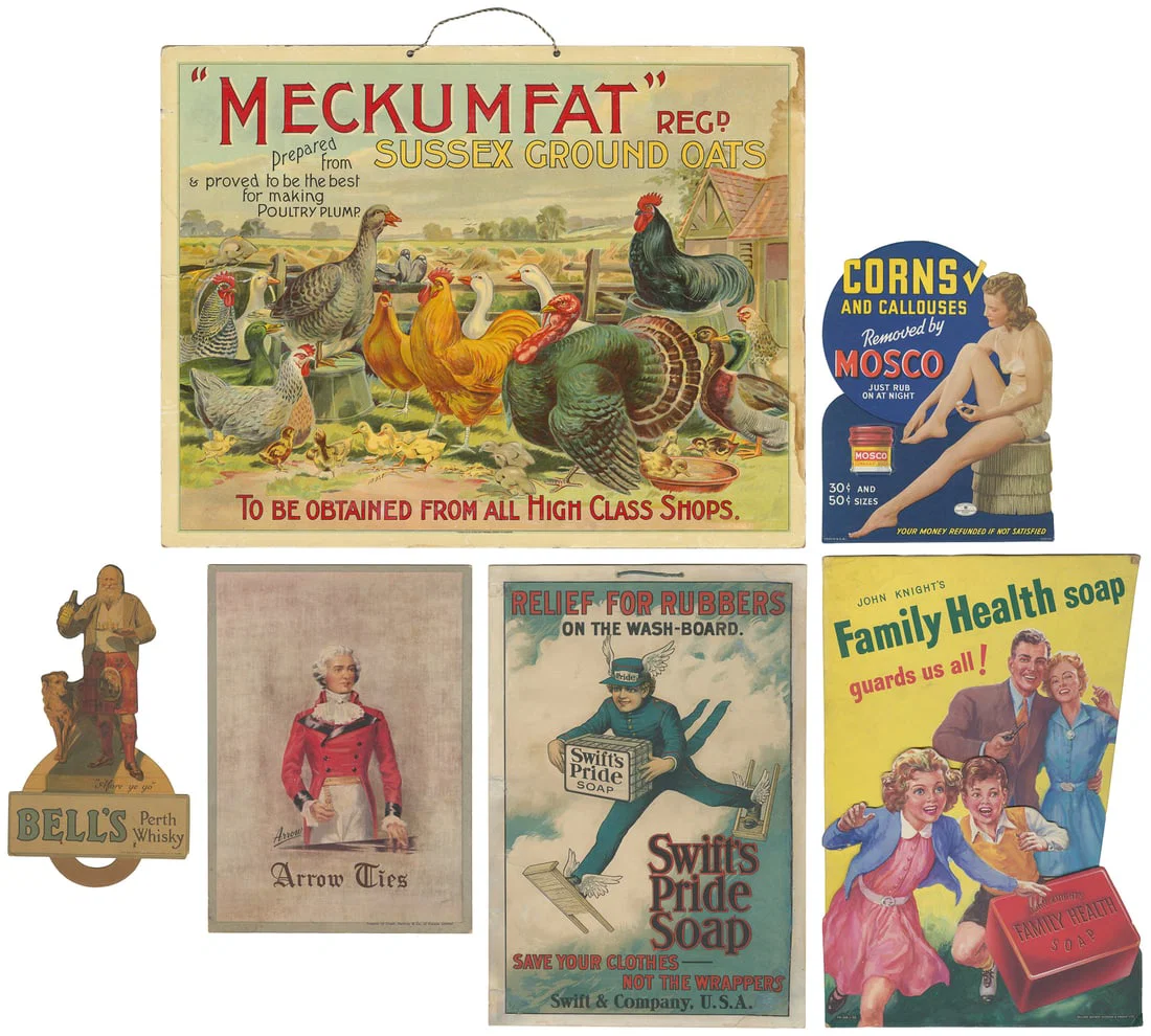 Six product advertising display signs.