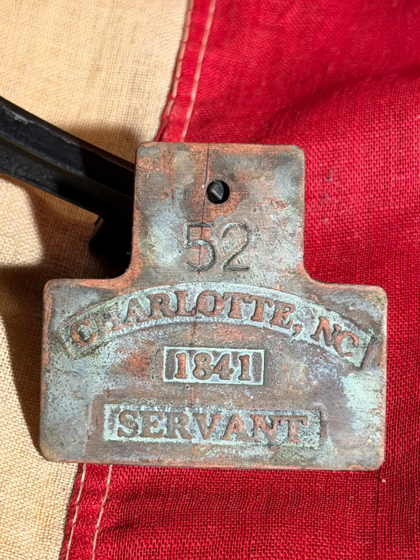Slave Hire Badge for a Servant, Charlotte, North Carolina, No. 52 (1841)