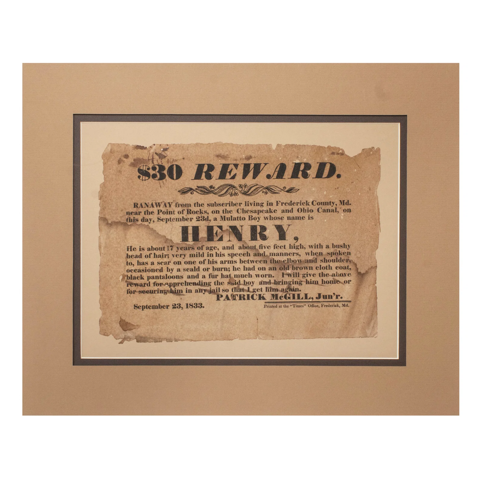 [SLAVERY] 1833 Runaway Slave Broadside, Frederick Co., Maryland