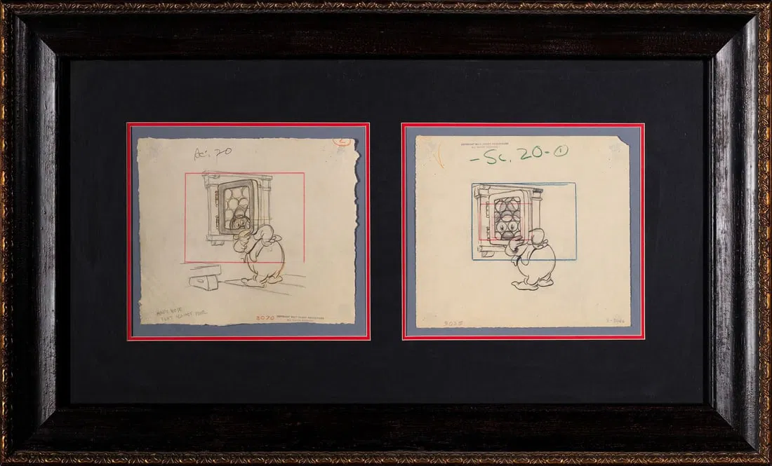 SNOW WHITE AND THE SEVEN DWARFS (1937) - Happy Original Courvoisier Framed Production Drawings