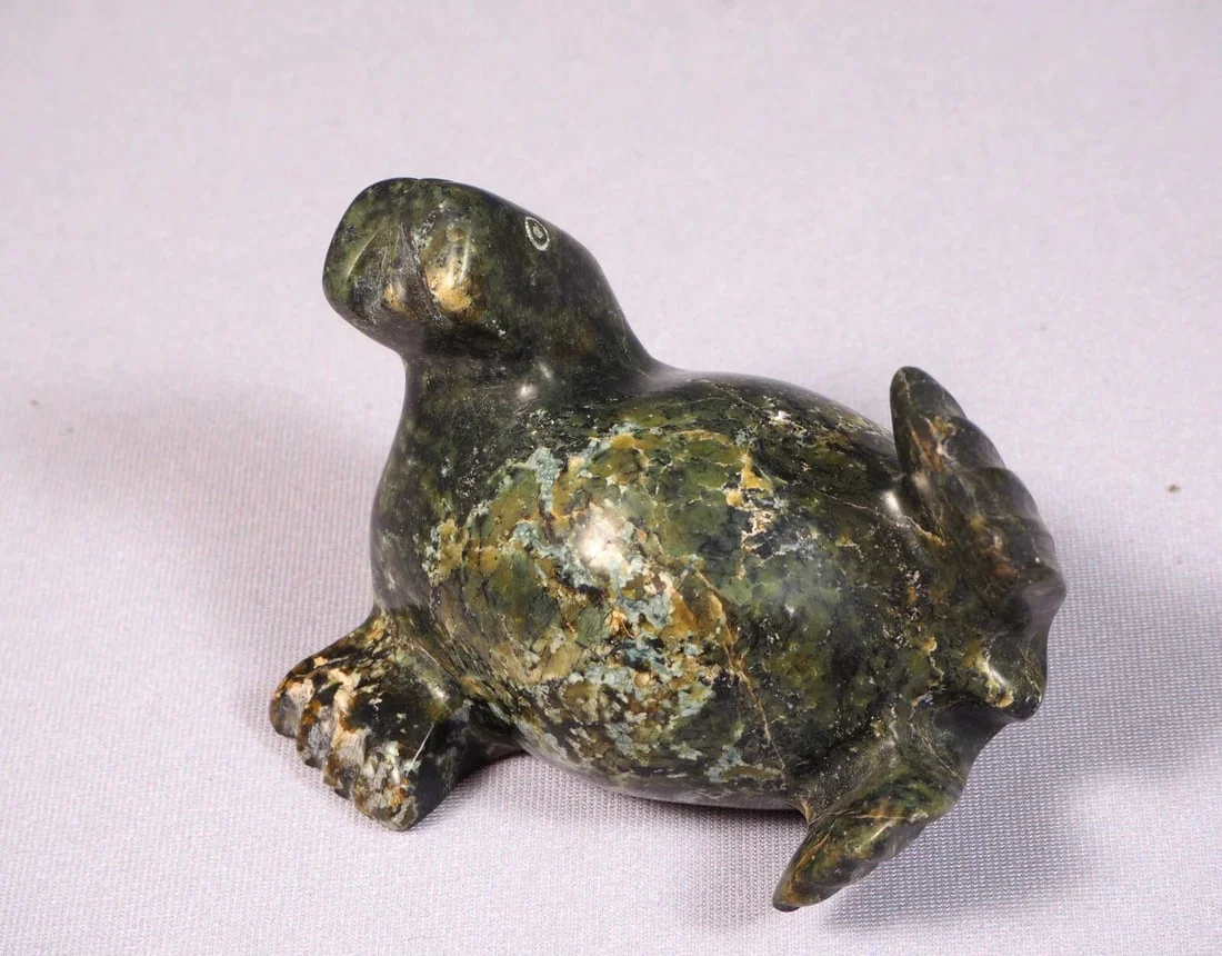 Soapstone Inuit Native Canada Figurine Playing Seal Unusual Green