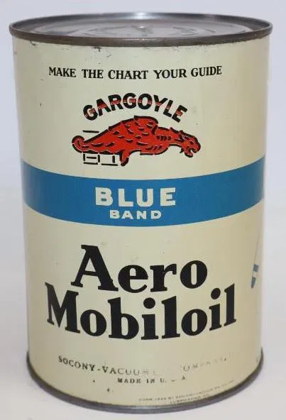 Socony-Vacuum Gargoyle Aero Mobiloil Blue Band One Quart Metal Oil Can