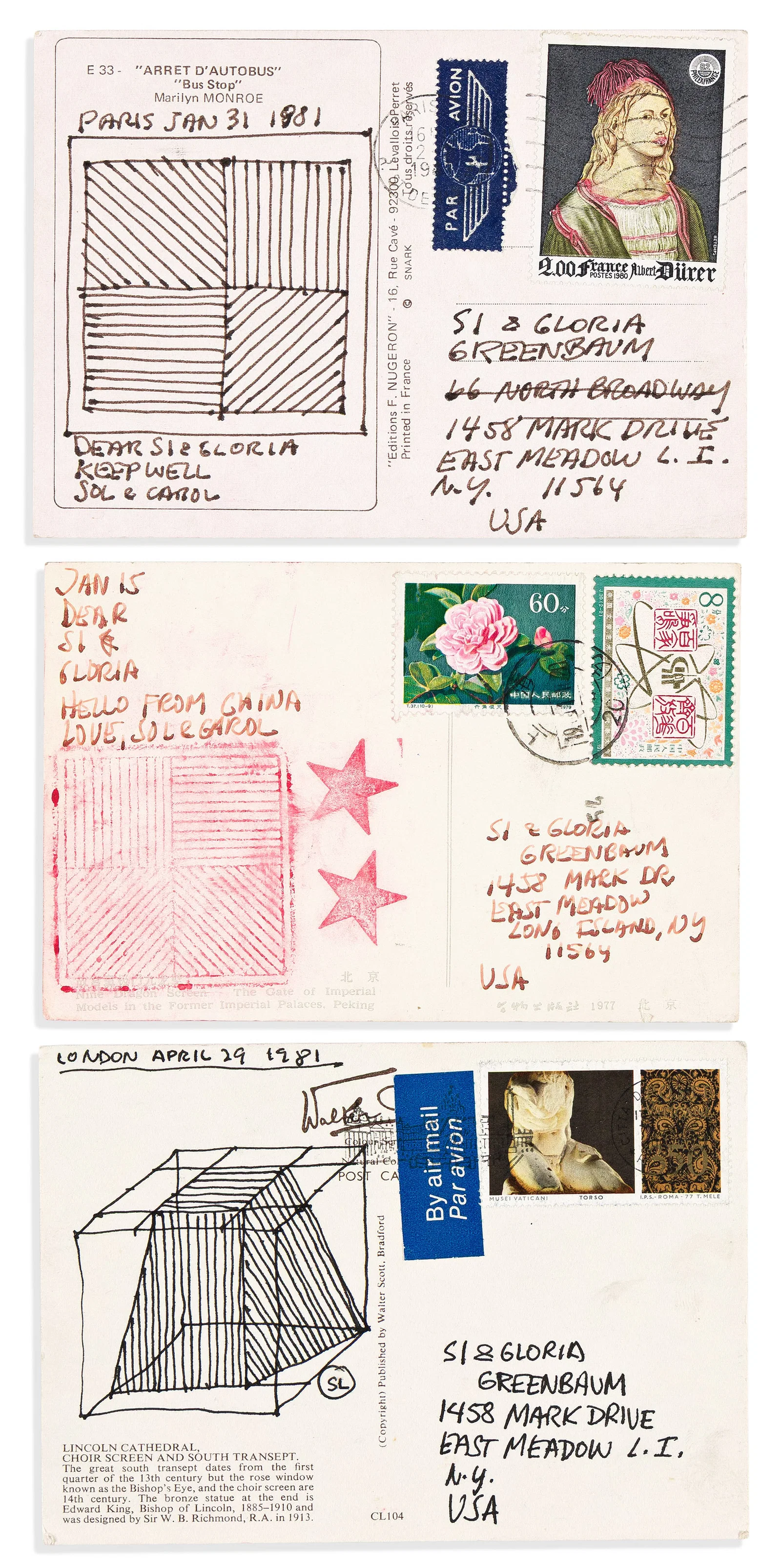 Sol LeWitt. Three postcards, two with small ink drawing, each Signed "Sol & Carol" or "SL," to Sy