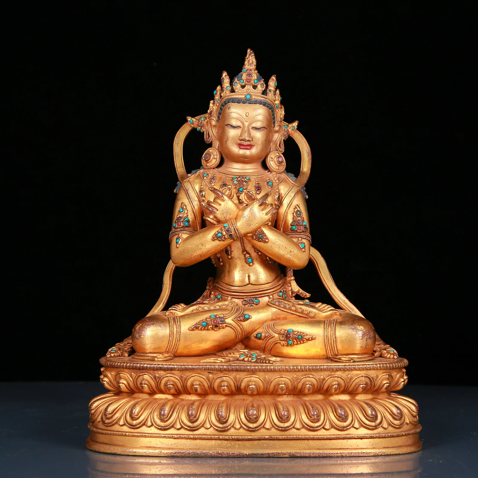 solemn gilt bronze statue of Bodhisattva inlaid with turquoise