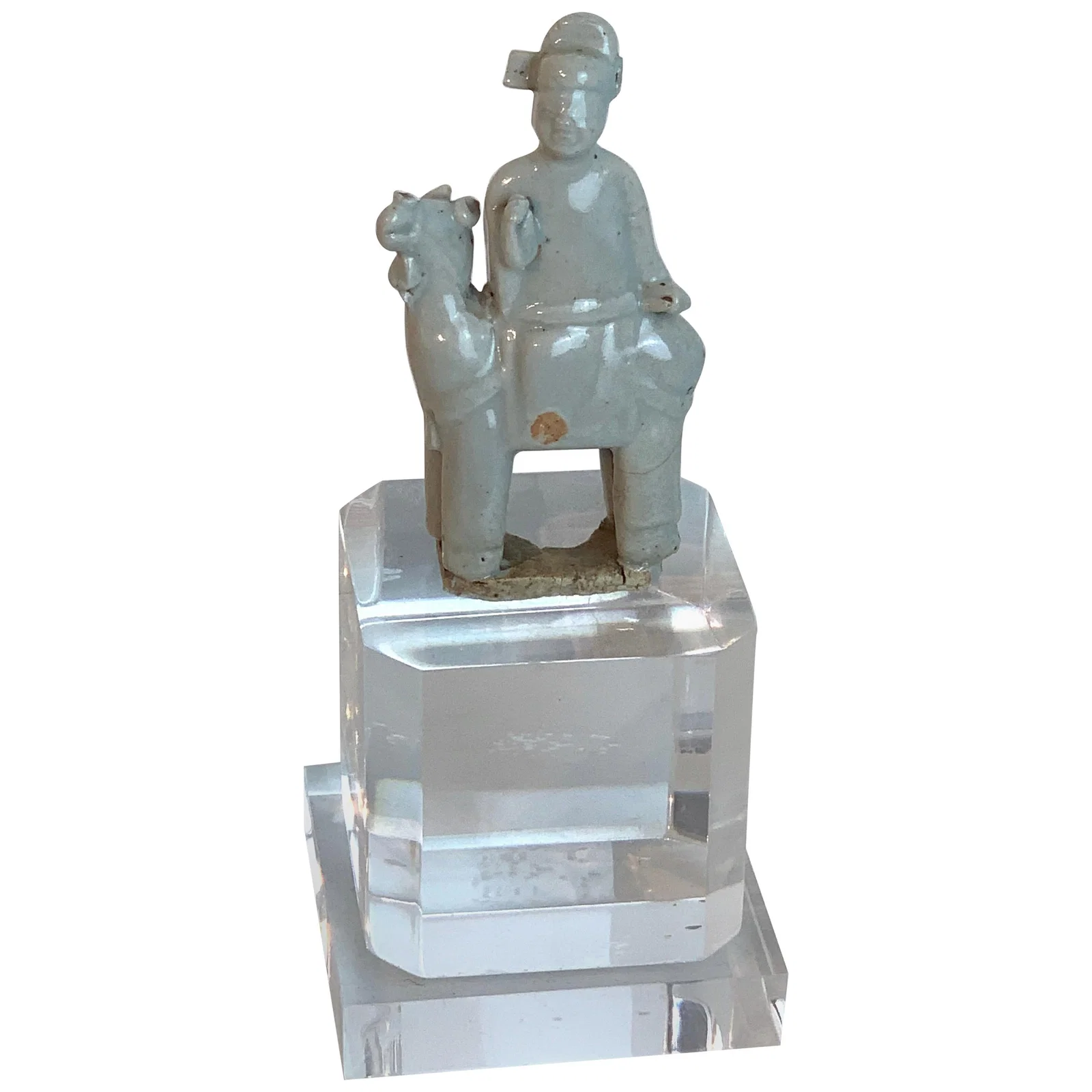 Song Dynasty Celadon Porcelain Horse and Rider Set with Lucite Base