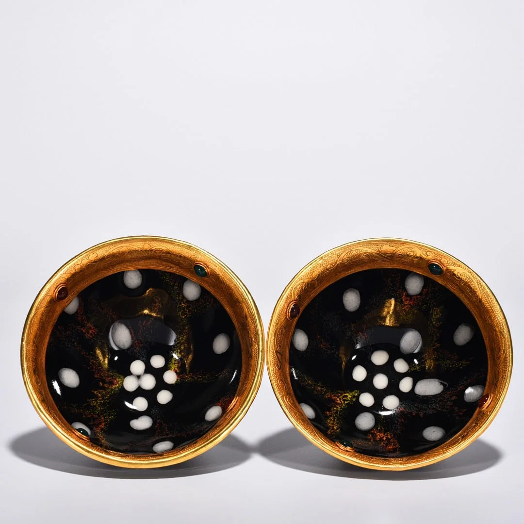Song Dynasty Jianyao pearl-glazed poetry cup chiseled gilt inlaid gems