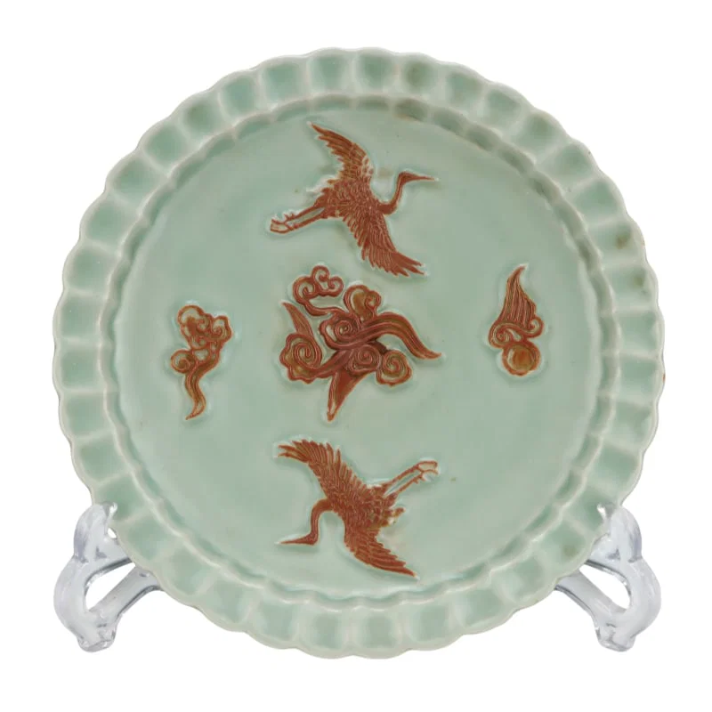 Song Dynasty Longquan Kiln Celadon Plate with Chrysanthemum Petal and Cloud Crane Pattern