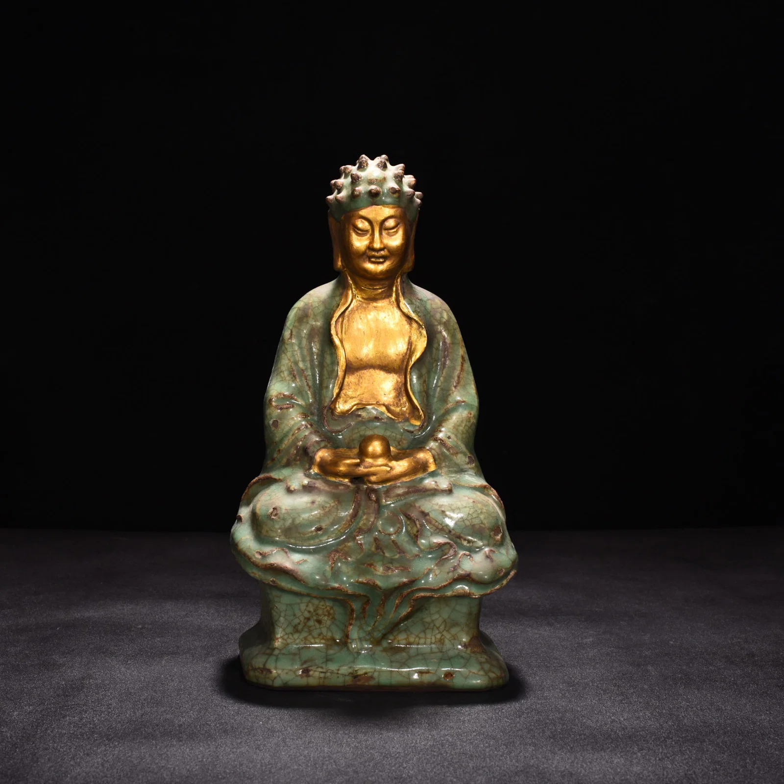Song Dynasty Longquan kiln plum celadon glaze gilded statue of Sakyamuni