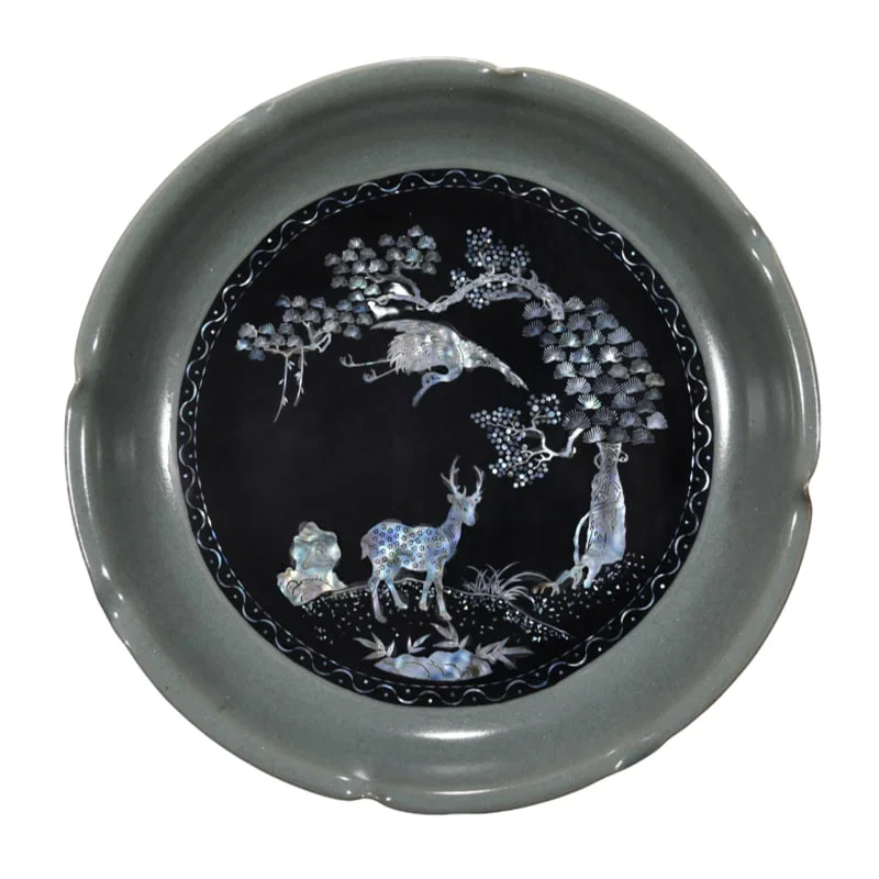 Song Ru kiln sky blue glazed lacquerware with mother-of-pearl inlay of deer and crane in spring