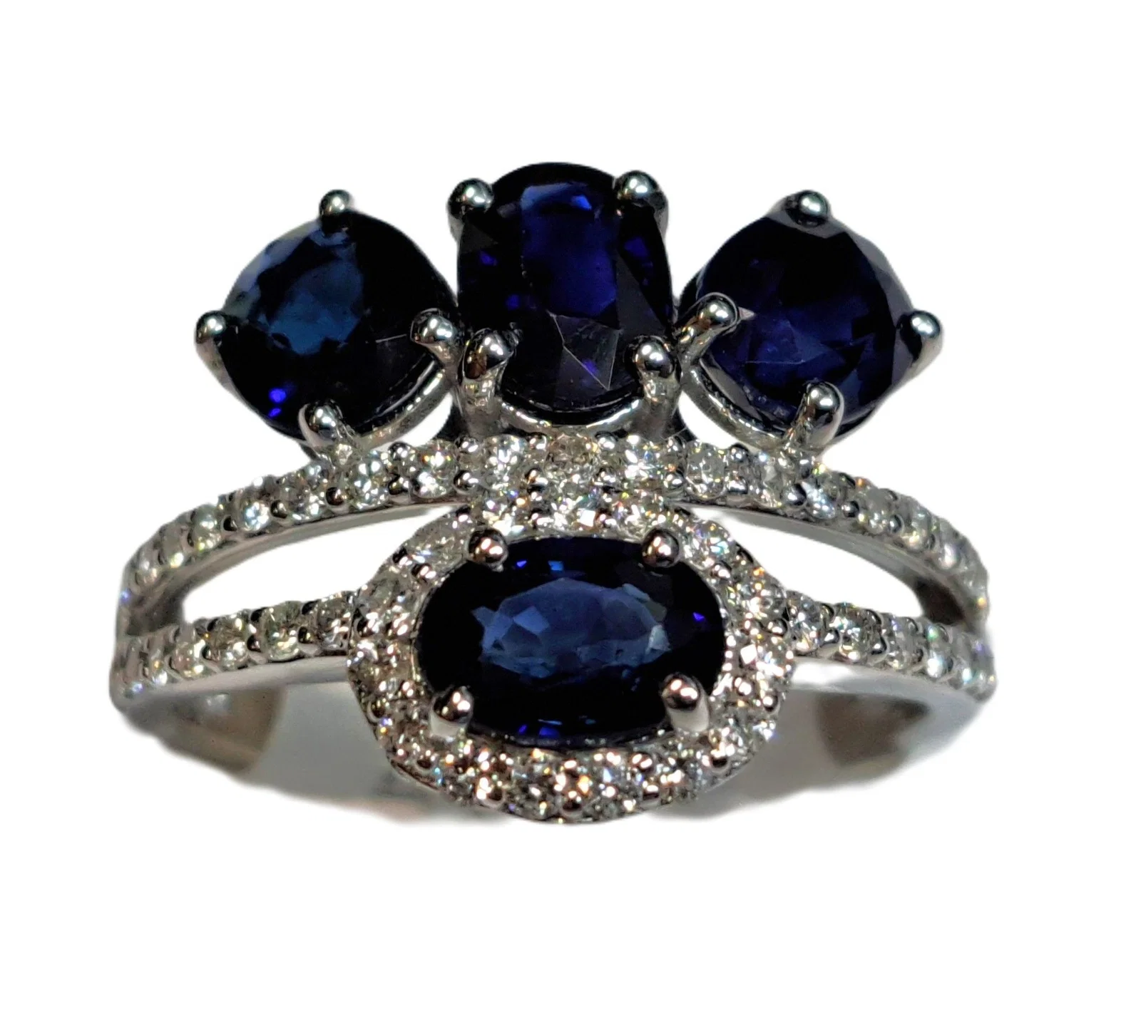 Stamped 14k White Gold Custom Made Lady's Diamond & Blue Sapphire Ring . 4.10 Gr Tw
