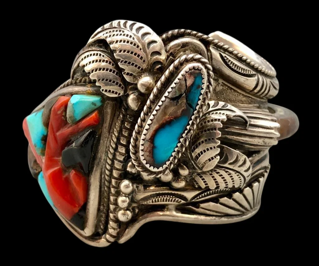 Statement Carlos White Eagle Sterling Silver Bracelet With Turquoise, Coral And Claw