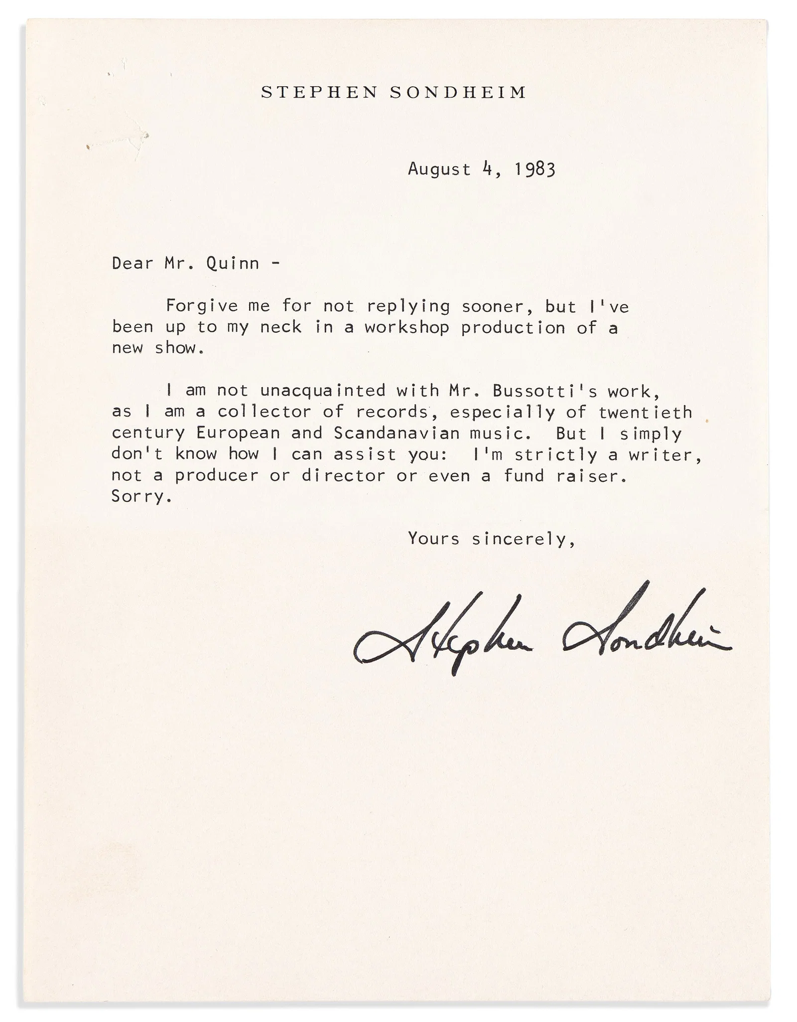 Stephen Sondheim. Small archive of 8 Typed Letters Signed, in full or "Steve," to Daniel P. Quinn