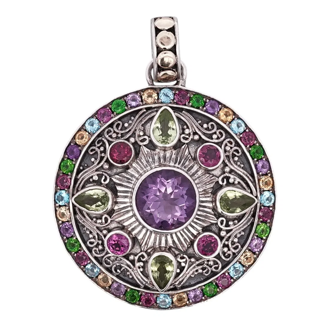 Sterling Silver 18k Gold & Multi-Gemstone Pendant ,Signed