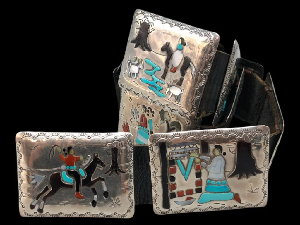Sterling Silver And Multi Stone Inlay Story Teller Concho Belt By Casuse
