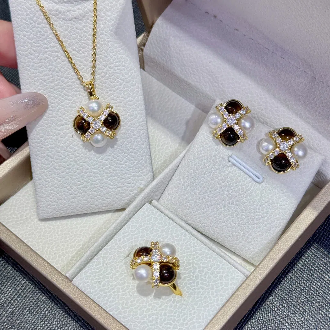 Sterling silver natural tiger eye stone pearl set