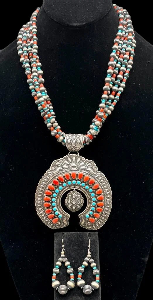Sterling Silver, Turquoise And Coral Statement Naja Necklace And Earrings By Darryl Becenti