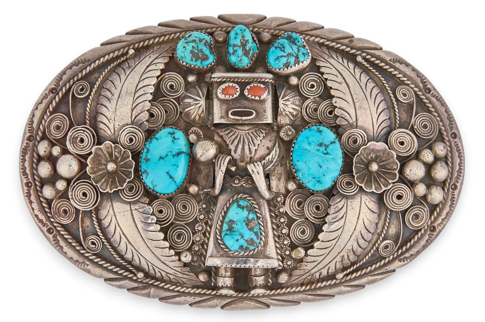 Sterling Silver Turquoise & Coral Kachina Buckle