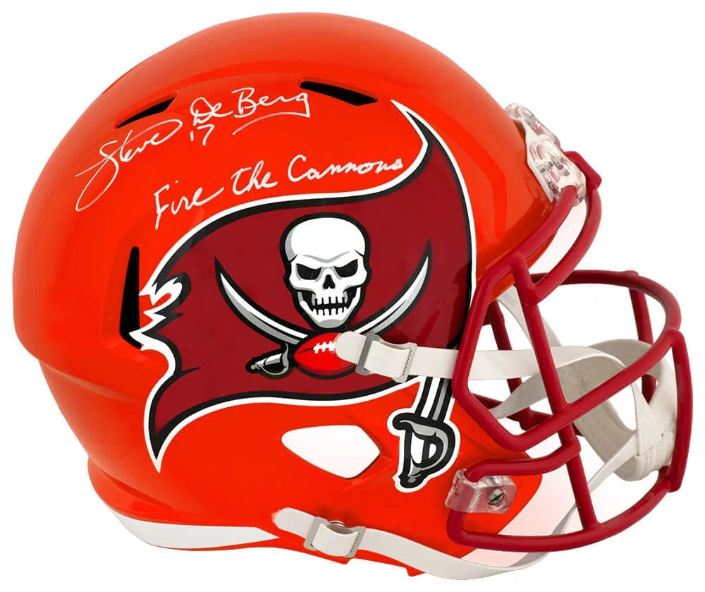 Steve DeBerg Signed Buccaneers Flash Replica Helmet with Fire The Cannons Inscription