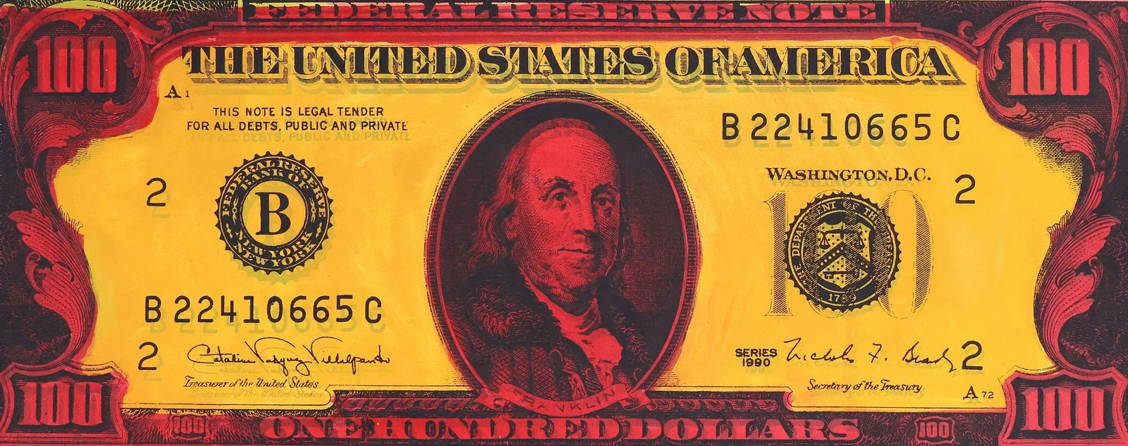 STEVE KAUFMAN (1960-2010) HAND-EMBELLISHED SERIGRAPH PRINT, $100 BILL