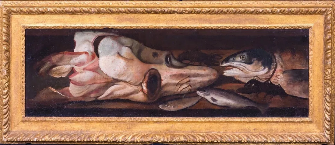 STILL LIFE OF FISH, LOBSTER & SQUID OIL PAINTING