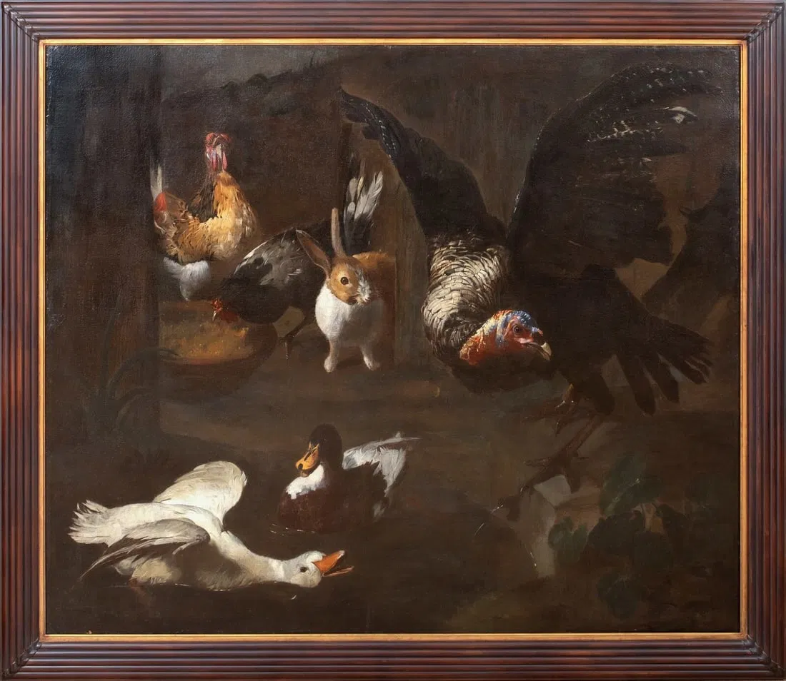 STILL LIFE OF VARIOUS FARM BIRDS OIL PAINTING ATTRIBUTED TO MELCHIOR DE HONDECOETER