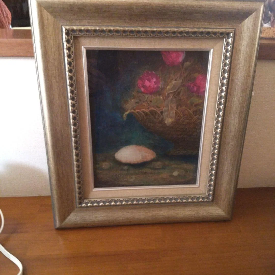 Still life painting: flowers and seashells, golden picture frame