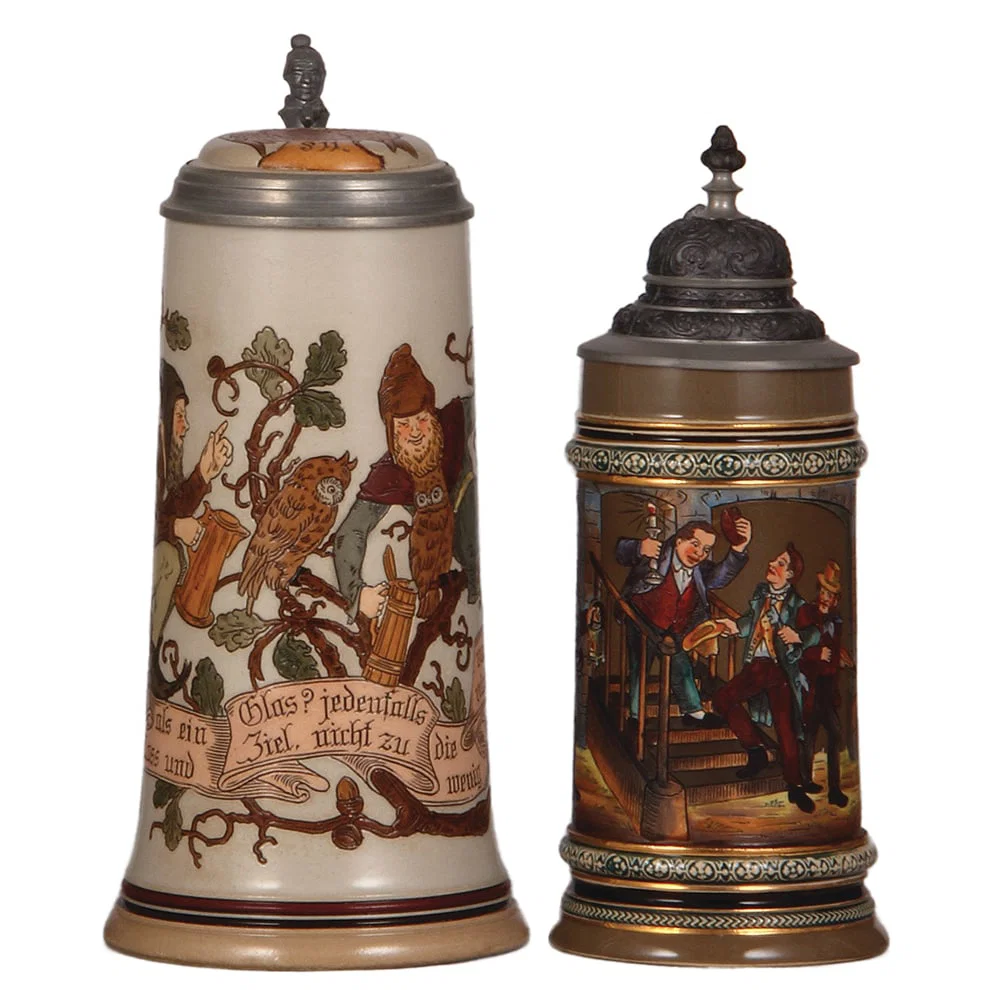 Stoneware steins, two, 1.0L,& .5L, etched