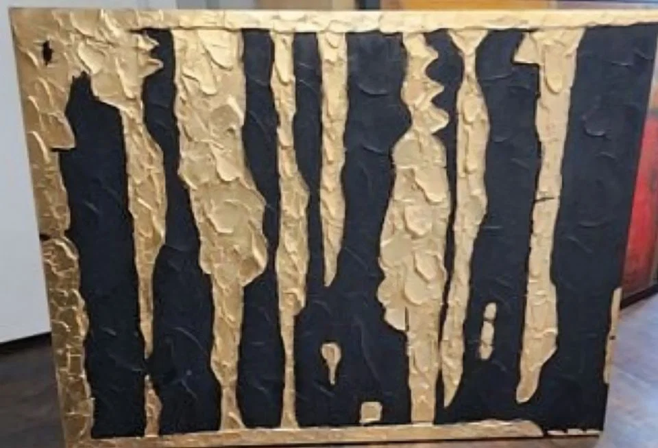 Striking Modernist 40x48 Abstract Painting w/ Vivid Gold and Black Impasto Design Elements