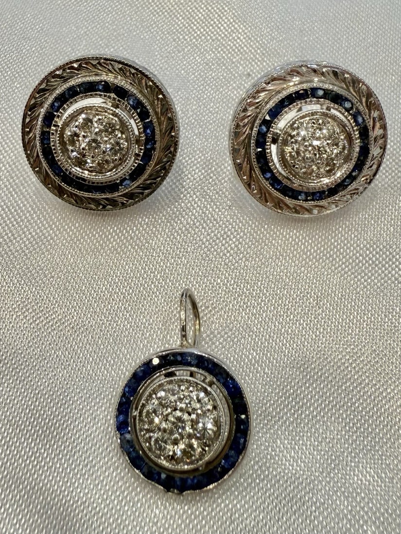 Stunning 14K White Gold Diamond Sapphire Earrings and Pendant Set