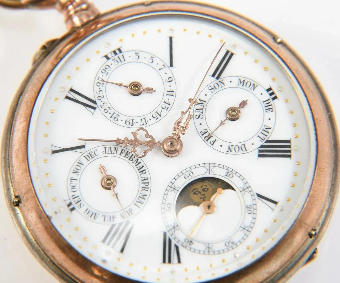 Stunning Antique Swiss 800 Silver Pocket Watch /w Moon Phase & Calendar