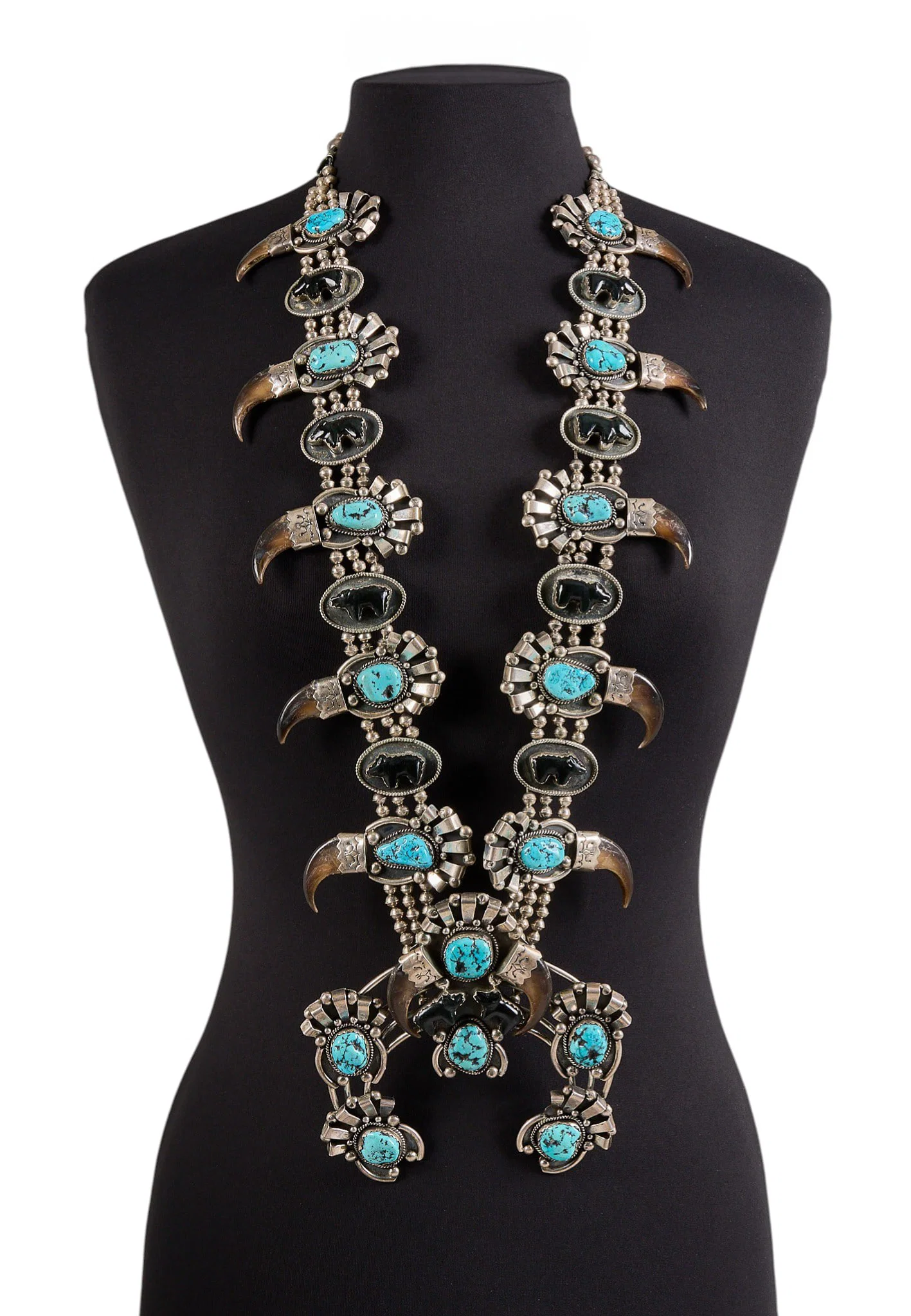 Substantial Turquoise, Onyx, and Bear Claw Squash Blossom