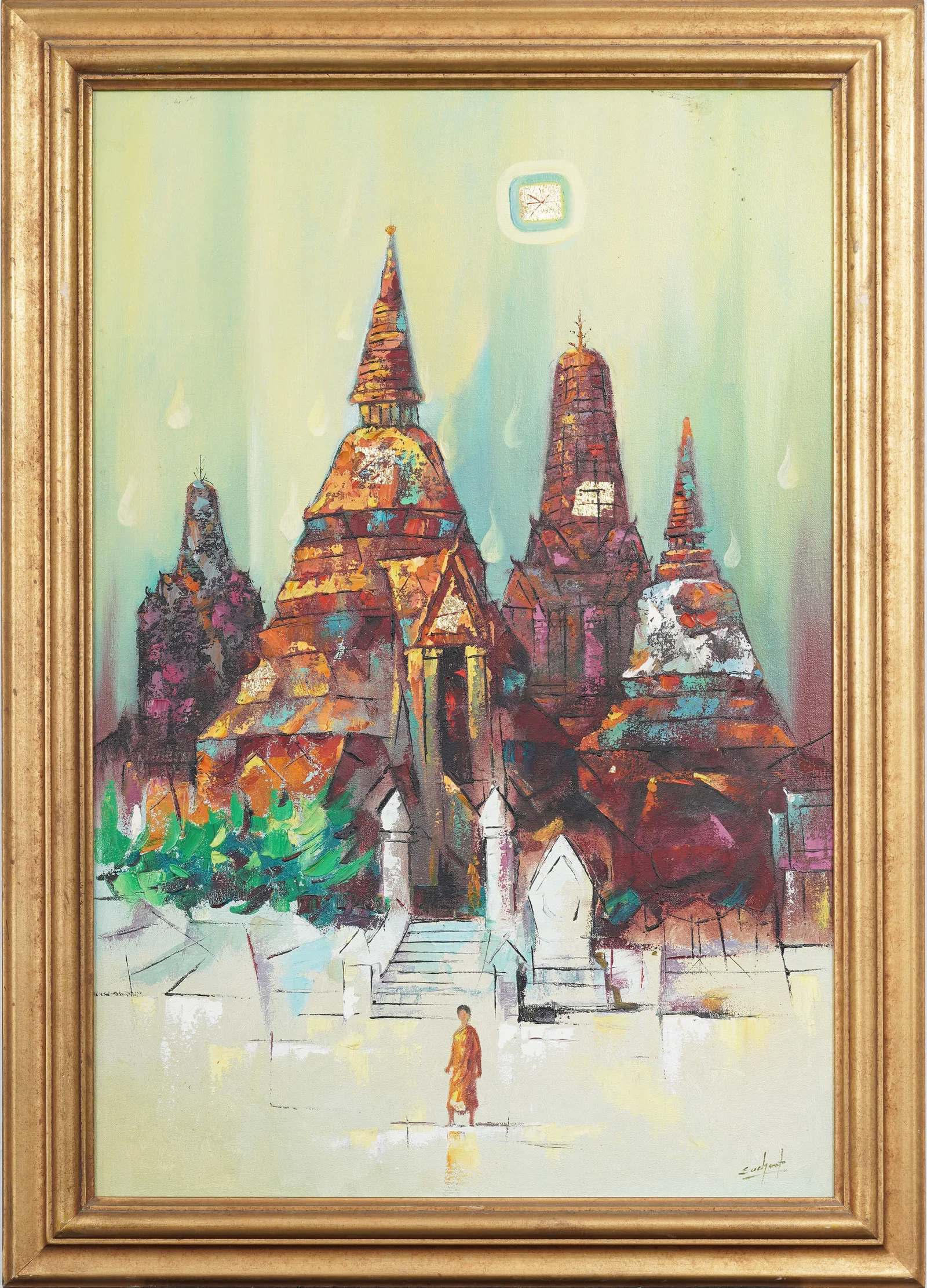 Suchart (b. 1963) Signed Thai Modernist Buddhist Temple Original Oil Painting