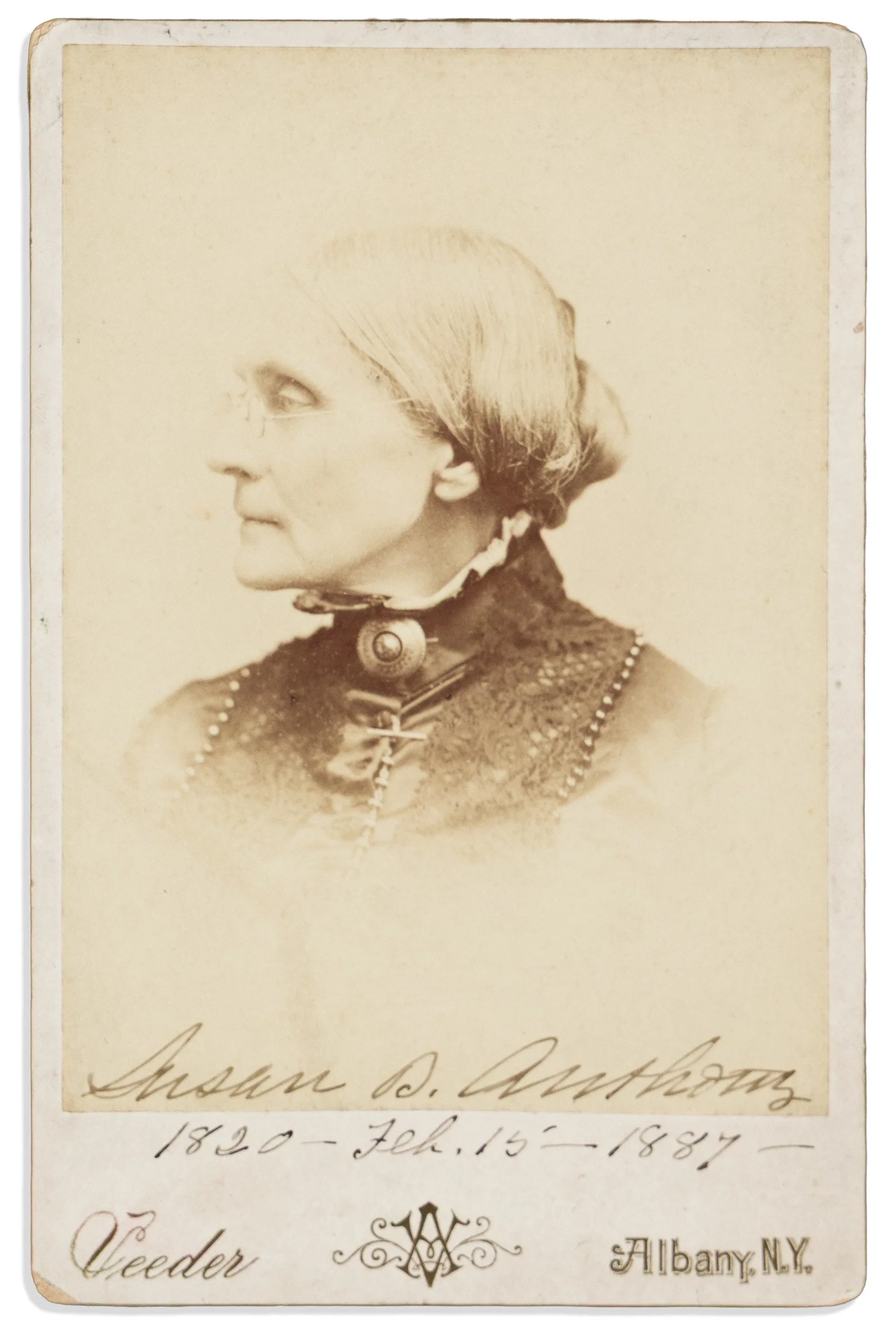 Susan B. Anthony. Photograph Signed and dated, "1820 -- Feb. 15 -- 1887,"