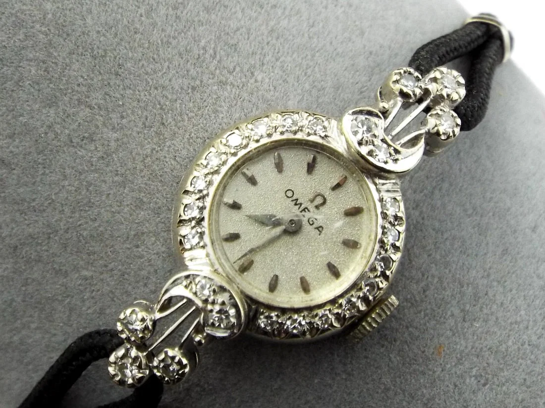 Swiss Mid Century OMEGA 14K White Gold & Diamond Cocktail Watch