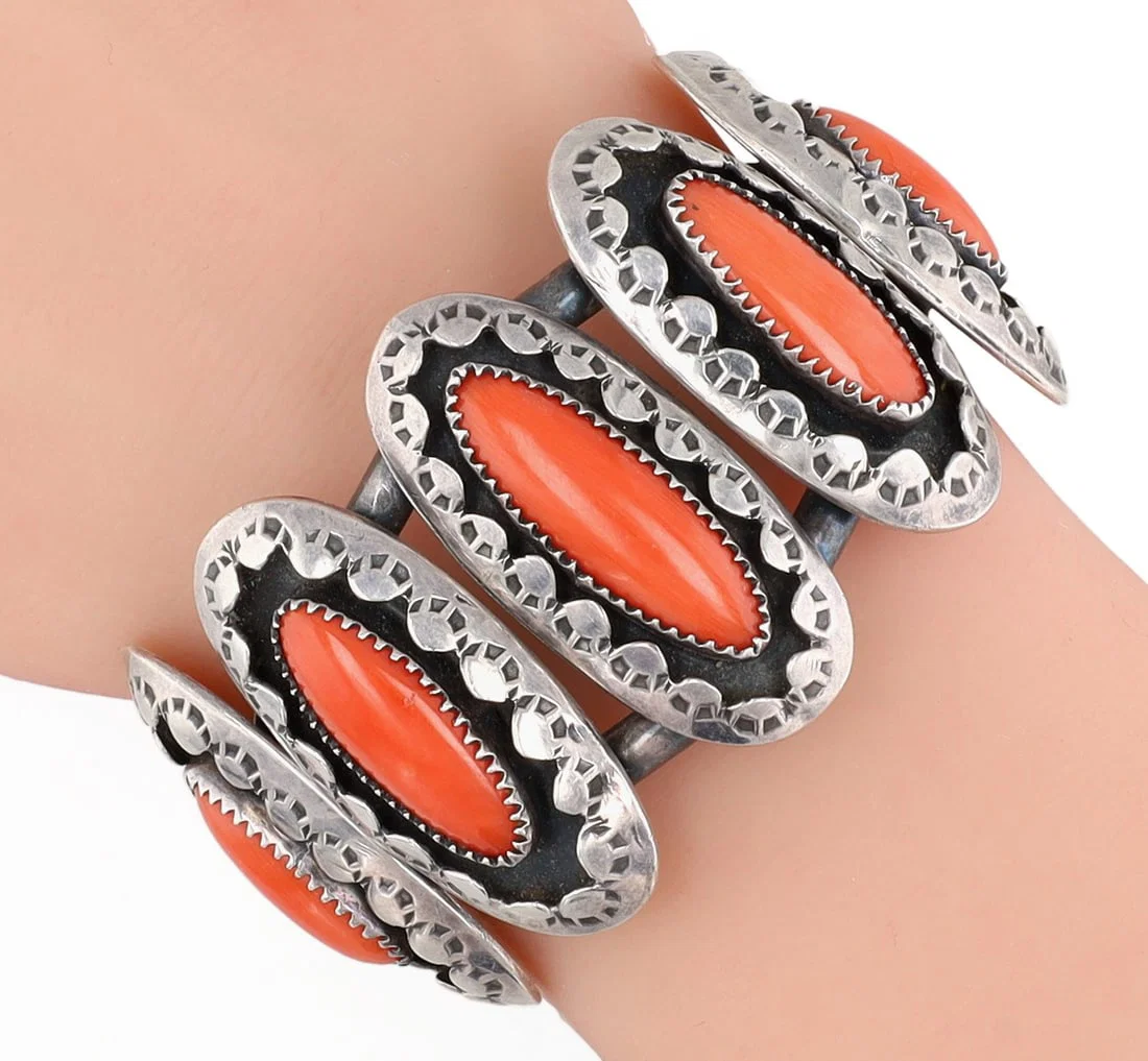 T. Ross Navajo Coral Stamped Shadowbox Cuff Bracelet