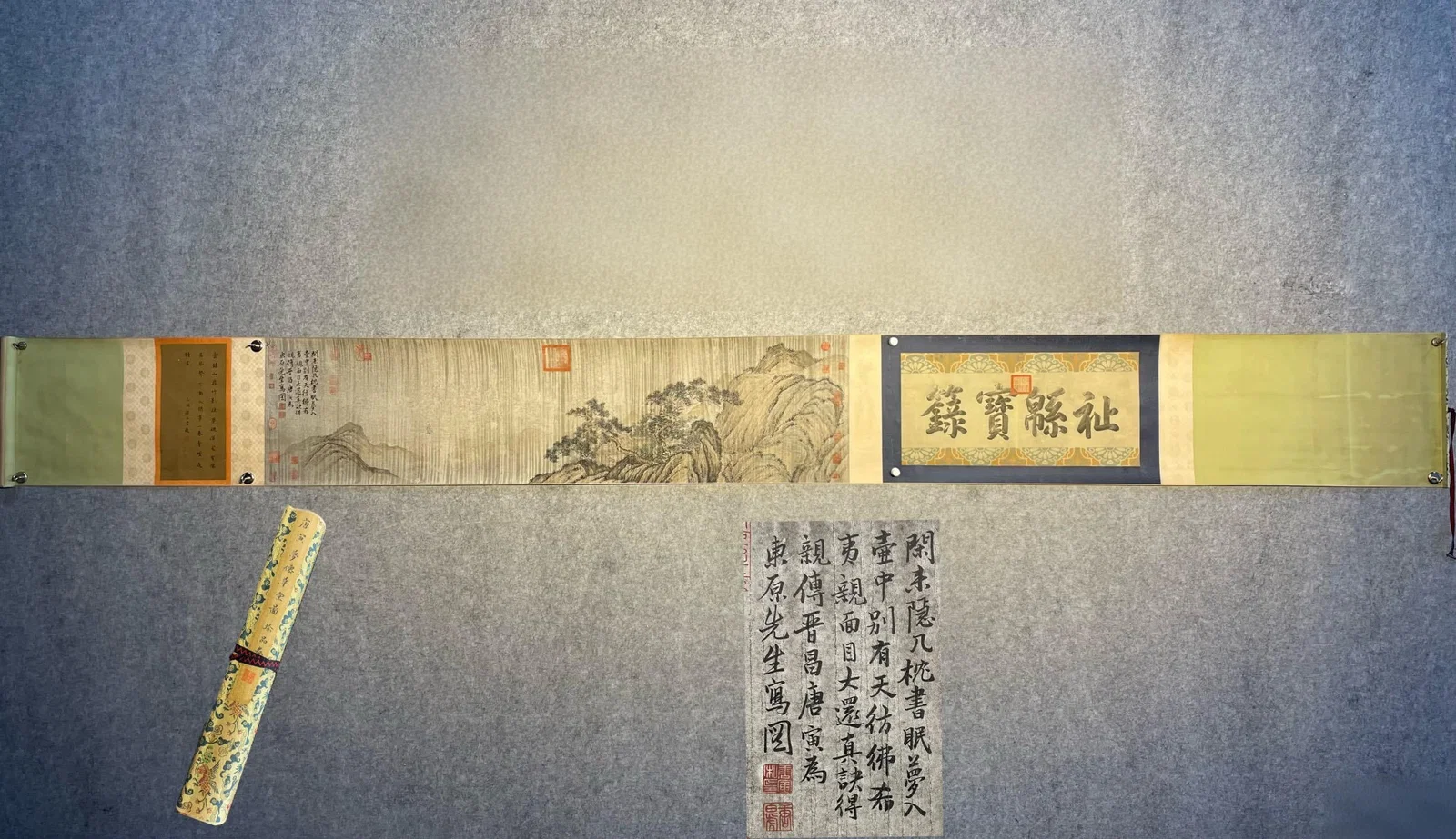 Tang Yin's exquisite hand-painted landscape handscroll on paper (Dream Immortal Thatched Cottage)