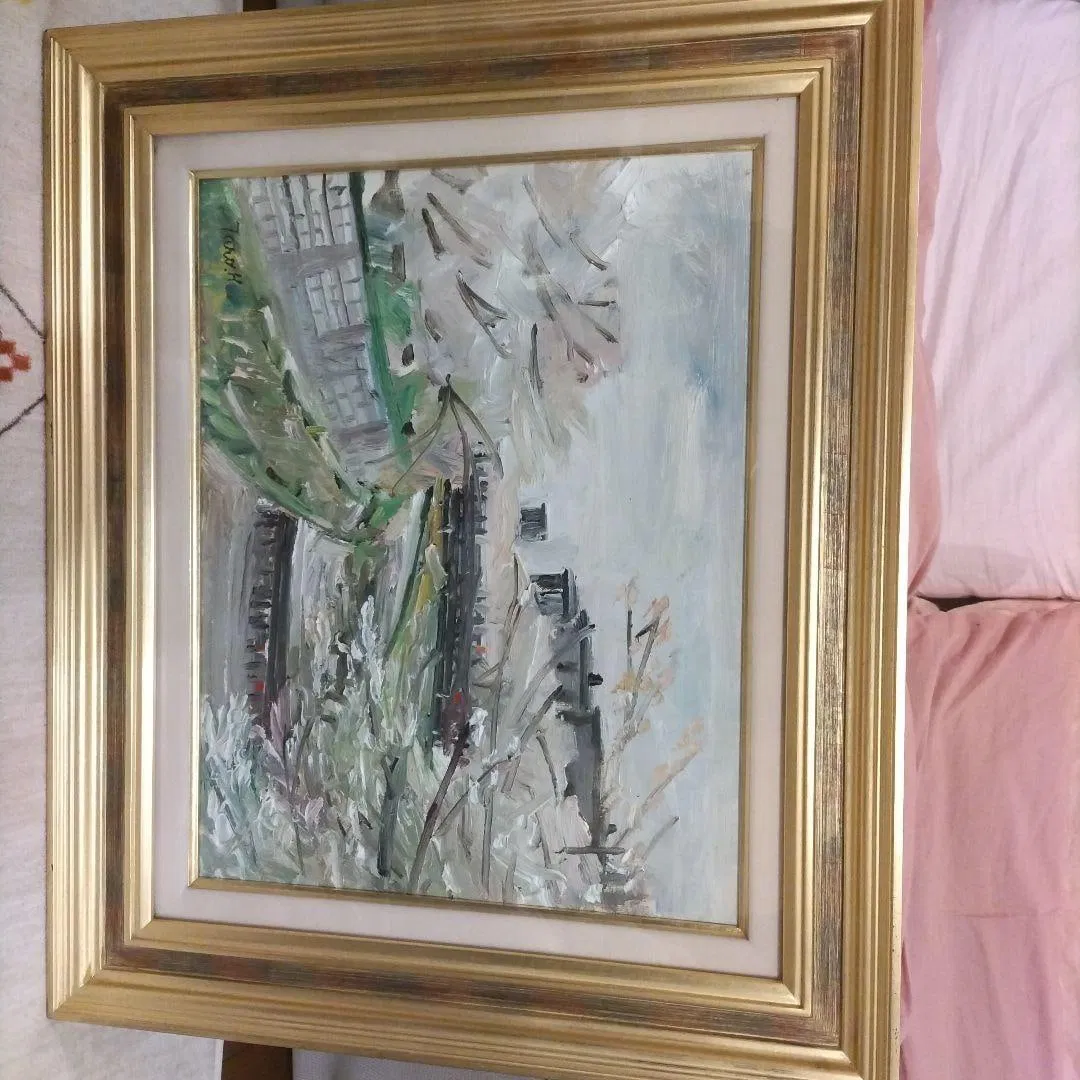 Taro Hori Yamazaki River (Nagoya) Oil on Canvas, Cherry Blossom Landscape, Framed